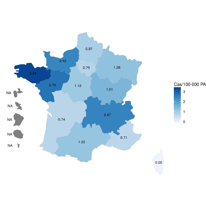 Taux d’incidence annuel régional du syndrome hémolytique et urémique pédiatrique par 100 000 enfants de moins de 15 ans. France, 2020